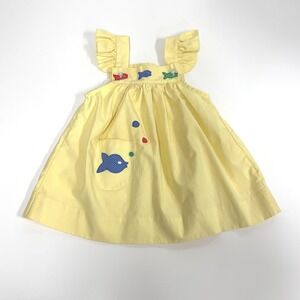 Vintage baby toddler yellow romper overall dress: Embroidered fish appliques